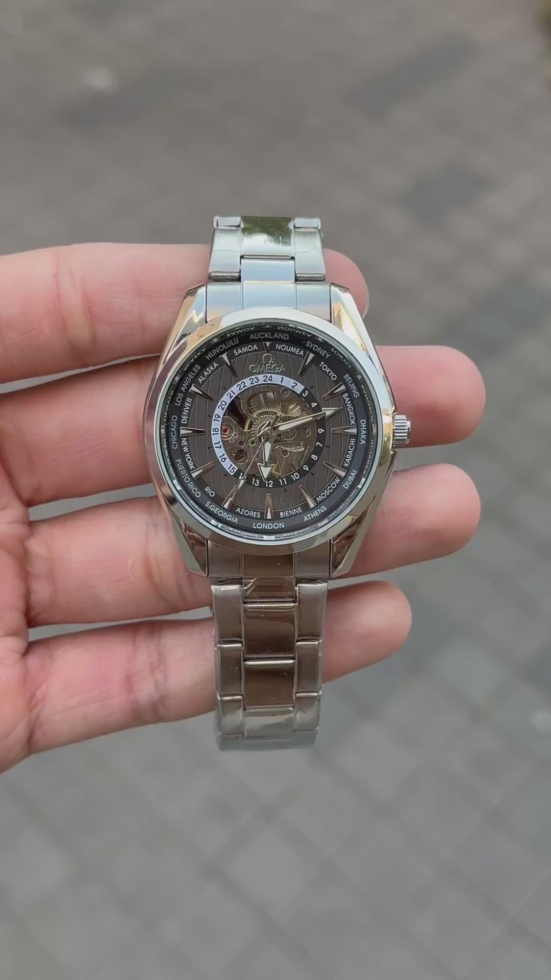 "Omega World Time Skeleton Watch – Luxury Mechanical Timepiece"